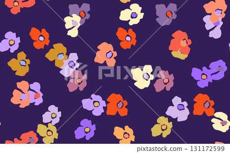 Seamless floral pattern based on traditional folk art ornaments. Colorful flowers on color background. Scandinavian style. Sweden nordic style. Vector illustration. Simple minimalistic pattern 131172599