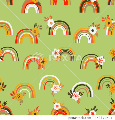 Trendy seamless pattern with colorful rainbow on color background. Design for invitation, poster, card, fabric, textile, fabric. Cute holiday illustration for baby. Scandinavian doodle style Trendy seamless pattern with colorful rainbow on color background. Design for invitation, poster, card, fabric, textile, fabric. Cute holiday illustration for baby. Scandinavian doodle style 131172605