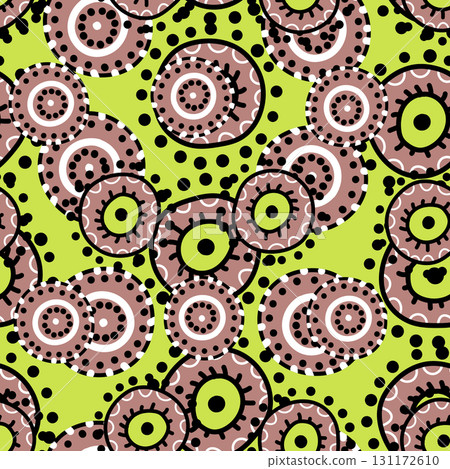 Seamless pattern with geometric aboriginal ornament. Ethnic tribal rounded color background. Afican, australian motiph. Dots painting. Vector illustration, template design for cloth, card, fabric Seamless pattern with geometric aboriginal ornament. Ethnic tribal rounded color background. Afican, australian motiph. Dots painting. Vector illustration, template design for cloth, card, fabric 131172610