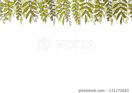 Floral frame with colorful exotic branches on white background. Ornate border with tropic leaves. Vector stock illustration for wallpaper, posters, card. Doodle style. Copy space 131172683