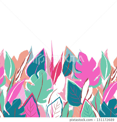 Floral frame with colorful exotic branches on white background. Ornate border with tropic leaves. Vector stock illustration for wallpaper, posters, card. Doodle style. Copy space 131172689