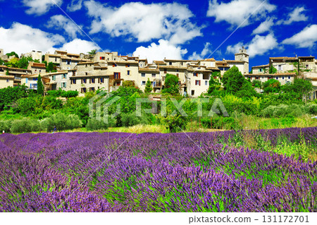scenery of Provence - view of Saignon village and lavander field in Provence, France scenery of Provence - view of Saignon village and lavander field in Provence, France 131172701