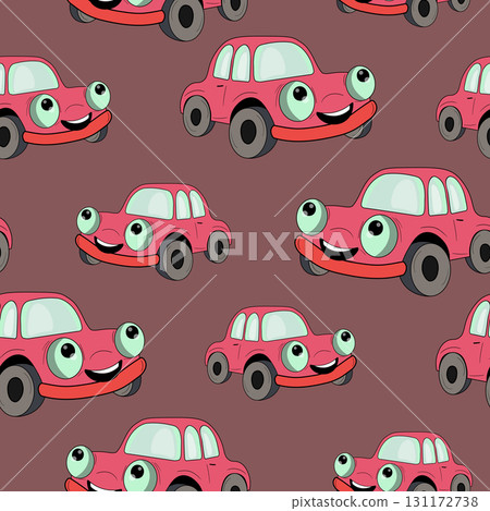 Seamless pattern with cute car on color background. Cartoot transport. Vector illustration. Doodle style. Design for baby print, invitation, poster, card, fabric, textile 131172738