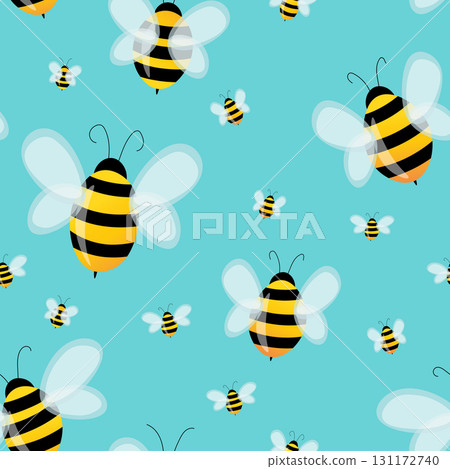 Seamless pattern with bees on color background. Small wasp. Vector illustration. Adorable cartoon character. Template design for invitation, cards, textile, fabric. Doodle style Seamless pattern with bees on color background. Small wasp. Vector illustration. Adorable cartoon character. Template design for invitation, cards, textile, fabric. Doodle style 131172740