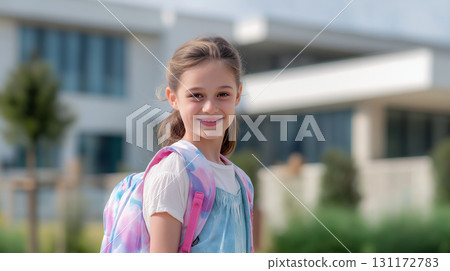 Smiling schoolgirl standing with backpack in front of school on her first day Smiling schoolgirl standing with backpack in front of school on her first day 131172783