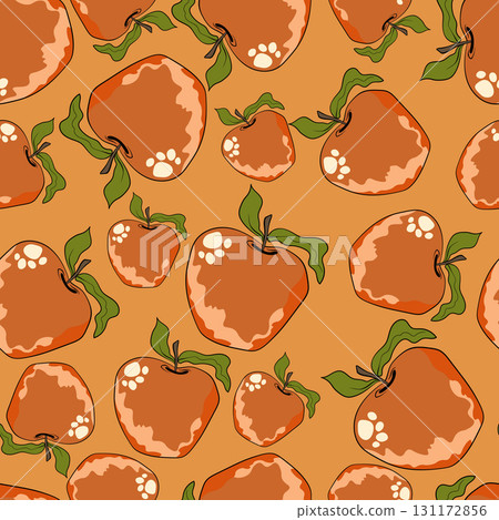 Seamless pattern with apple on color background. Natural delicious fresh ripe tasty fruit. Vector illustration for print, fabric, textile, banner, design. Stylized apples with leaves. Food concept Seamless pattern with apple on color background. Natural delicious fresh ripe tasty fruit. Vector illustration for print, fabric, textile, banner, design. Stylized apples with leaves. Food concept 131172856