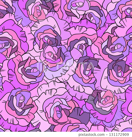 Seamless floral pattern with pink roses. Cartoon style. Design for fabric, textile, paper. Colorful flowers on color background. Vector illustration on traditional folk art ornaments 131172909