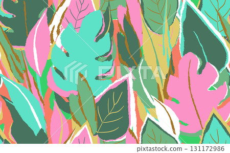 Floral seamless with hand drawn color exotic monstera leaves. Cute summer background. Tropic branches. Modern floral compositions. Fashion vector illustration for wallpaper, fabric, textile 131172986
