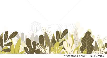 Floral frame with colorful exotic branches on white background. Ornate border with tropic leaves. Vector stock illustration for wallpaper, posters, card. Doodle style. Copy space Floral frame with colorful exotic branches on white background. Ornate border with tropic leaves. Vector stock illustration for wallpaper, posters, card. Doodle style. Copy space 131172987