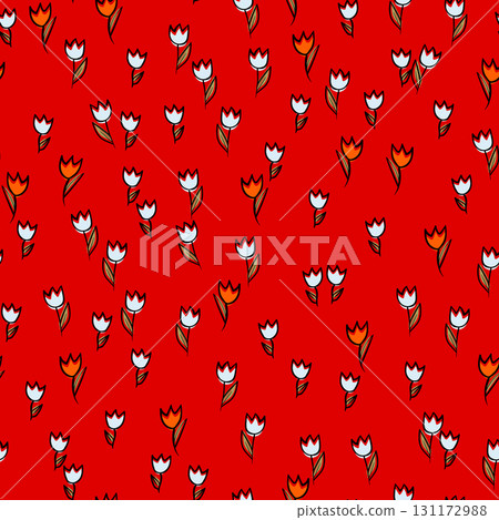 Spring colorful vector illustration with tulips. Cartoon style. Simple minimalistic pattern with nature elements. Vector illustration for fabric, textile, poster, invitation 131172988