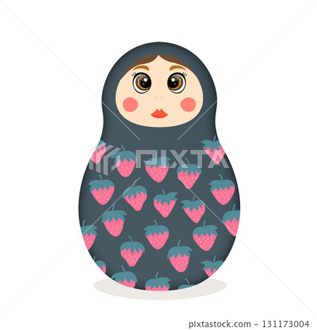 Russian Matryoshka. Traditional Russian folklore dolls with big eyes and lips. Babushka doll with hohloma, traditional painted floral pattern. Hand drawn vector illustration 131173004