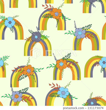 Trendy seamless pattern with colorful rainbow on color background. Design for invitation, poster, card, fabric, textile, fabric. Cute holiday illustration for baby. Scandinavian doodle style 131173074