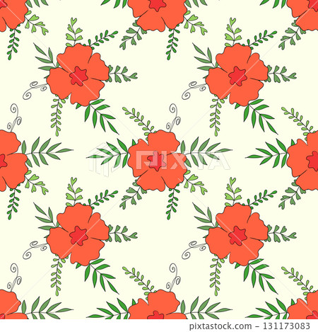 Seamless floral pattern based on traditional folk art ornaments. Colorful flowers on color background. Scandinavian style. Sweden nordic style. Vector illustration. Simple minimalistic pattern 131173083