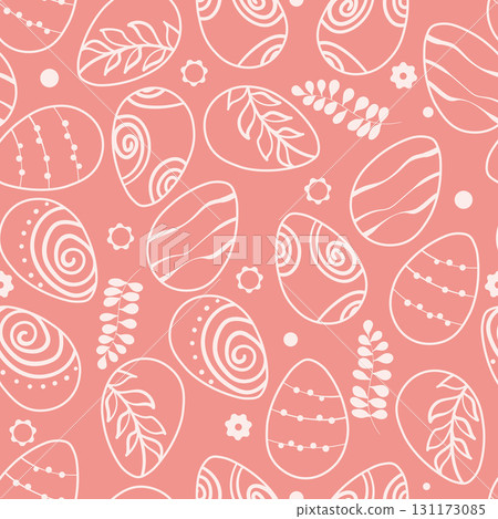 Happy Easter seamless pattern with eggs on color background. Polka dots design for card, postcard, wallpaper, posters. Vector stock illustration. Cartoon style 131173085