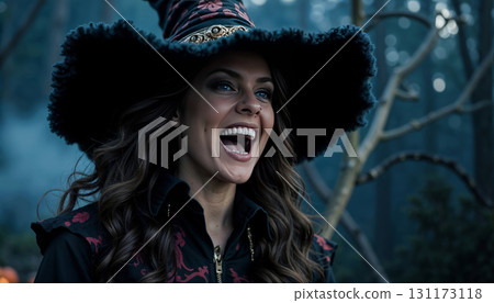 Beautiful young witch laughs sinisterly, witch flies on a broomstick on Halloween. 131173118