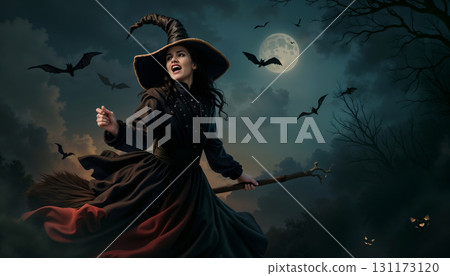 Beautiful young witch laughs sinisterly, witch flies on a broomstick on Halloween. 131173120