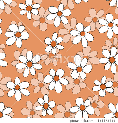 Seamless floral pattern based on traditional folk art ornaments. Colorful chamomile, daisy flowers on color background. Doodle style. Vector illustration. Simple minimalistic pattern 131173144