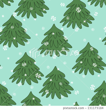 Winter seamless pattern with Christmas tree and snowflakes on color background. Vector illustration for fabric, textile wallpaper, posters, gift wrapping paper. Merry Christmas and New year Vector 131173184