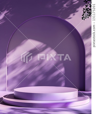 purple podium on colorful background. Conceptual banner for holidays. Pedestal for displaying good. 131173201