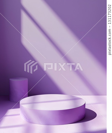 purple podium on colorful background. Conceptual banner for holidays. Pedestal for displaying good. 131173202