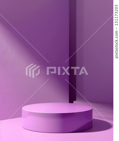 purple podium on colorful background. Conceptual banner for holidays. Pedestal for displaying good. 131173203
