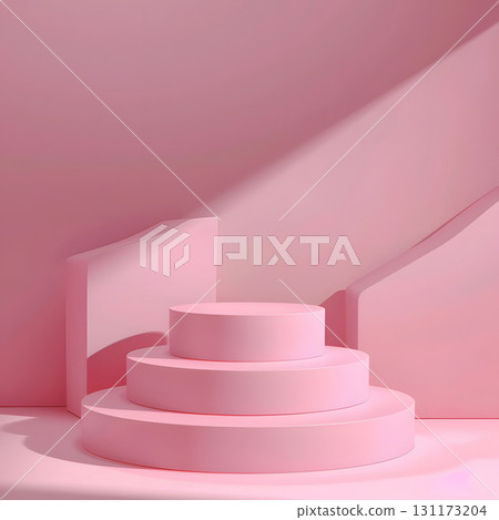 pink podium on colorful background. Conceptual banner for holidays. Pedestal for displaying good. 131173204