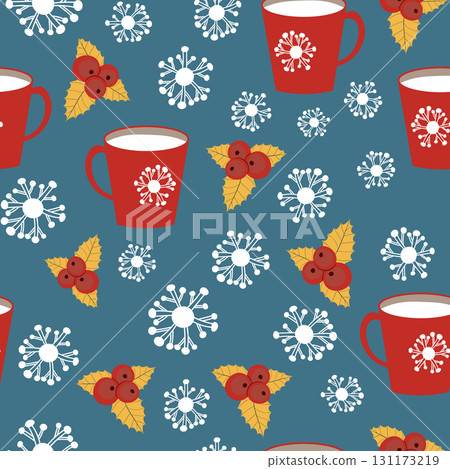 Seamless Christmas cozy winter New Year pattern with cute cups, plants, candles, snowflakes and Christmas tree on color background. Vector illustration. Design for print, invitation, fabric, textile 131173219