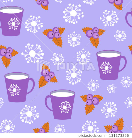 Seamless Christmas cozy winter New Year pattern with cute cups, plants, candles, snowflakes and Christmas tree on color background. Vector illustration. Design for print, invitation, fabric, textile 131173236