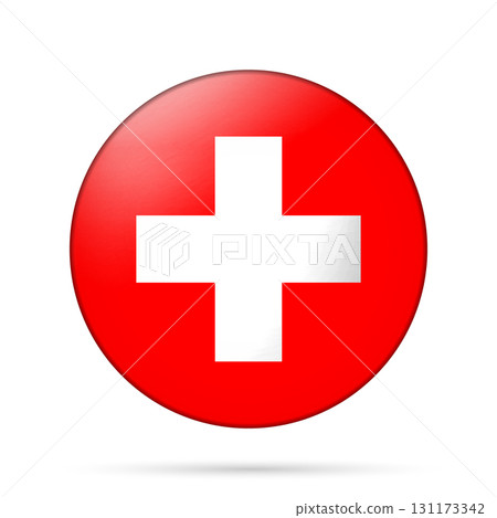 Glass light ball with flag of Switzerland. Round sphere, template icon. Swiss national symbol. Glossy realistic ball, 3D abstract vector illustration highlighted on a white background. Big bubble 131173342