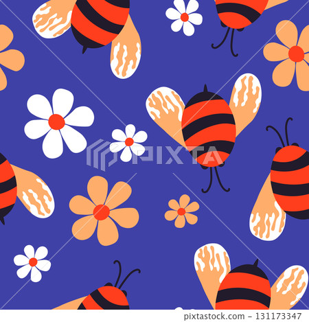 Seamless pattern with bees. Small wasp. Vector illustration. Design for invitation, cards, textile, fabric. Doodle style 131173347