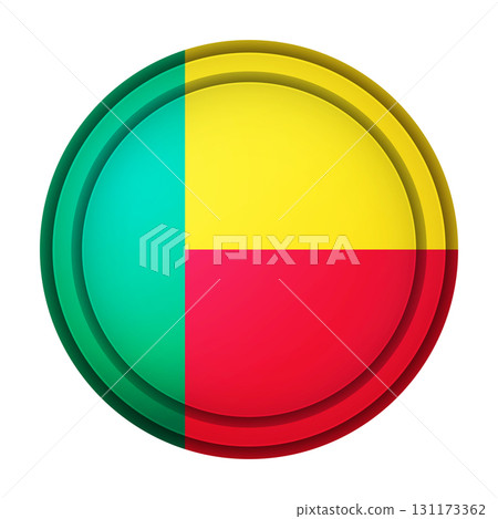 Glass light ball with flag of Benin. Round sphere, template icon. National symbol. Glossy realistic ball, 3D abstract vector illustration highlighted on a white background. Big bubble Glass light ball with flag of Benin. Round sphere, template icon. National symbol. Glossy realistic ball, 3D abstract vector illustration highlighted on a white background. Big bubble 131173362