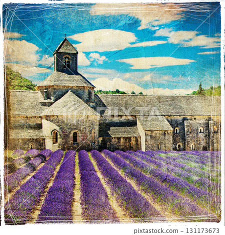 lavender feelds and abbey - picture in retro style 131173673