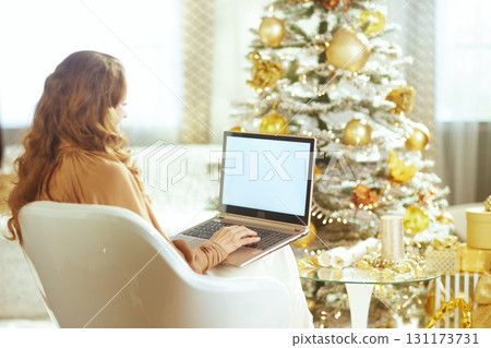 Woman Works on Laptop by Cozy Christmas Tree 131173731