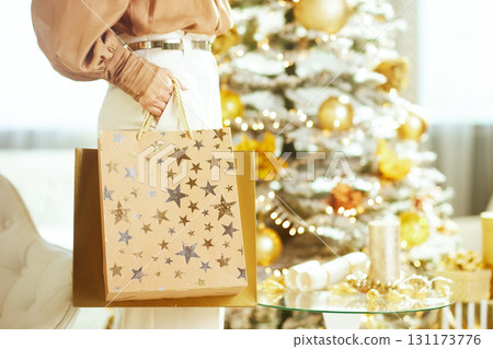 Person with Star-Patterned Shopping Bag and Christmas Decor Person with Star-Patterned Shopping Bag and Christmas Decor 131173776