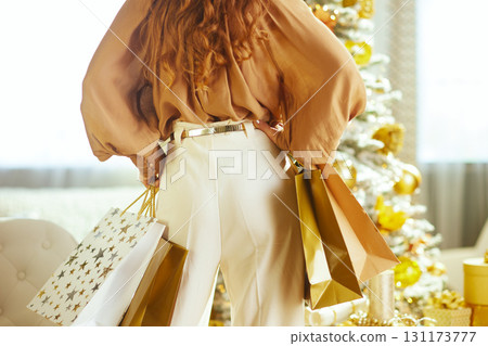 Woman from Behind Holding Holiday Shopping Bags 131173777