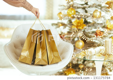 Hand Holding Gold Shopping Bags on Armchair Hand Holding Gold Shopping Bags on Armchair 131173784