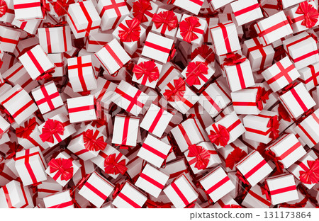 Gift boxes with red ribbons pile, background. 3D rendering 131173864
