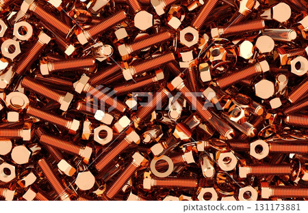 Copper bolts and nuts, washers piles background. 3D rendering Copper bolts and nuts, washers piles background. 3D rendering 131173881