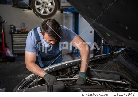 Mechanic repairing car engine in auto repair shop Mechanic repairing car engine in auto repair shop 131173948