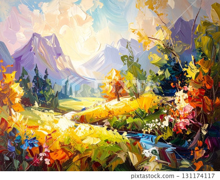 A natural landscape painted with an oil painting-like, thick brushstroke 131174117