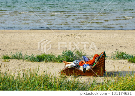 Relaxing on the Baltic Sea coastline with sandy beach, dune grass, and calm summer seascape 131174621