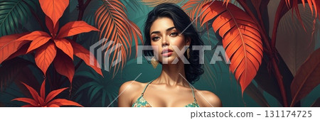 woman with dark hair, set against backdrop of vibrant green and orange tropical leaves woman with dark hair, set against backdrop of vibrant green and orange tropical leaves 131174725