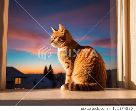Silhouette of cat on window sill with warm glowing light, cinematic cozy scene for design projects Silhouette of cat on window sill with warm glowing light, cinematic cozy scene for design projects 131174850