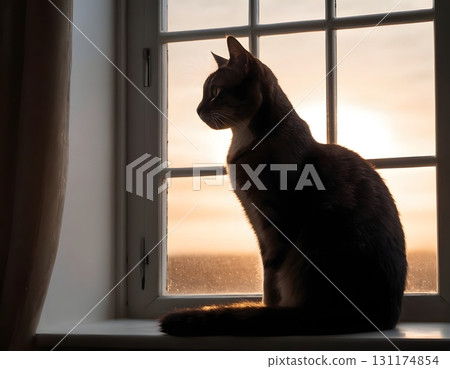 Silhouette of cat on window sill with warm glowing light, cinematic cozy scene for design projects 131174854