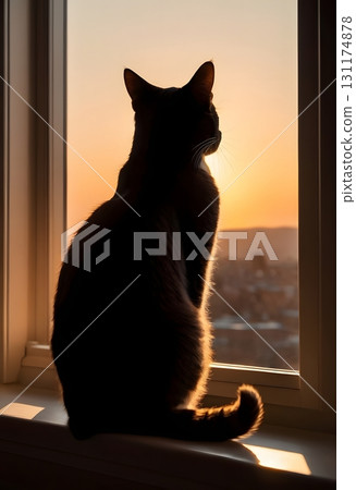 Silhouette of cat on window sill with warm glowing light, cinematic cozy scene for design projects Silhouette of cat on window sill with warm glowing light, cinematic cozy scene for design projects 131174878