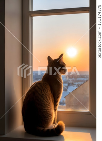 Silhouette of cat on window sill with warm glowing light, cinematic cozy scene for design projects 131174879