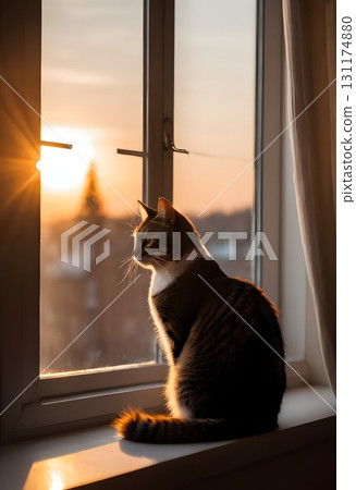 Silhouette of cat on window sill with warm glowing light, cinematic cozy scene for design projects 131174880