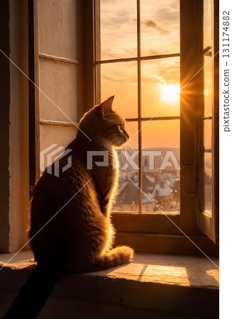 Silhouette of cat on window sill with warm glowing light, cinematic cozy scene for design projects 131174882
