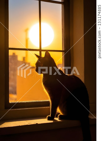 Silhouette of cat on window sill with warm glowing light, cinematic cozy scene for design projects Silhouette of cat on window sill with warm glowing light, cinematic cozy scene for design projects 131174885