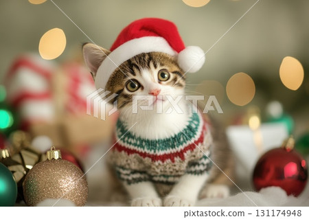 Adorable kitten in santa hat and sweater surrounded by festive christmas decorations 131174948